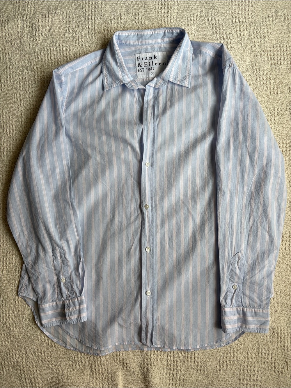 Frank & Eileen Blue, Pink and White Striped Cotton Button-Up Blouse